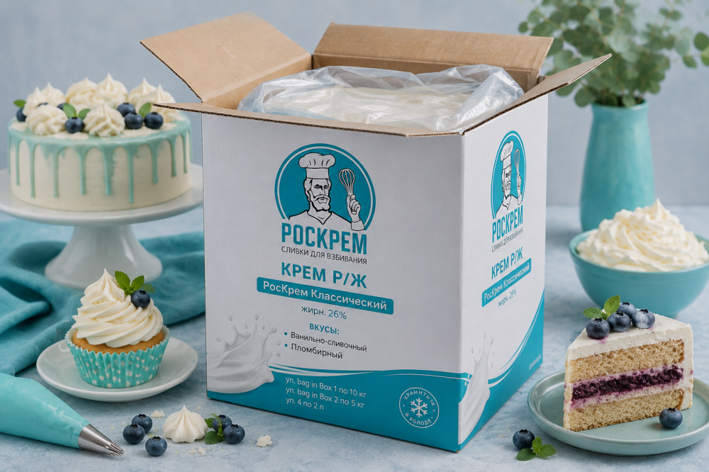 Крем р/ж РосКрем Классический 26%, вкус Ванильно-сливочный, Пломбирный, Bag in box 10 кг, 5 кг, 2 л. 