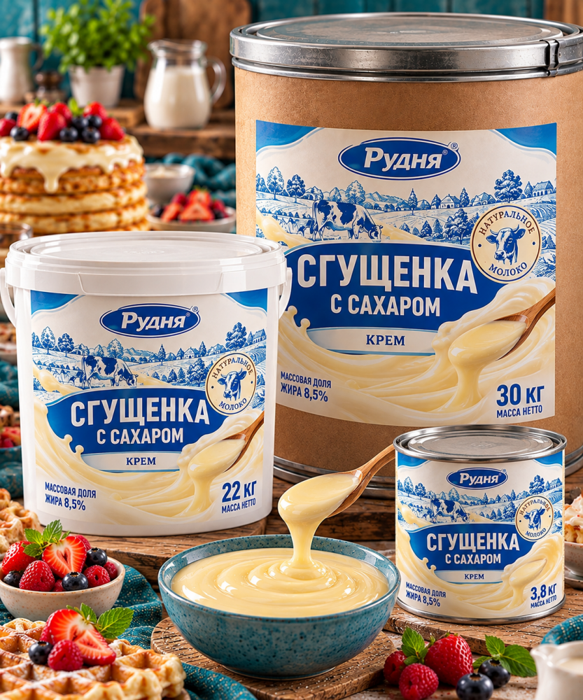 Сгущенка с сахаром (Крем) Рудня, 30 кг, 22 кг, 3,8 кг